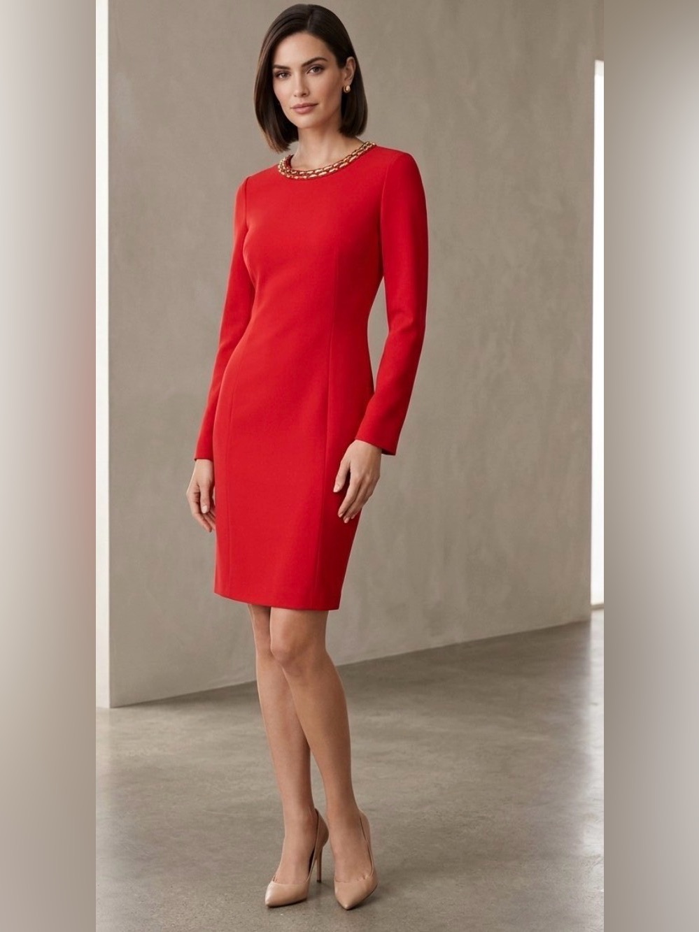 Michael Kors Red Long-Sleeve Sheath Dress with Chain-Trim Neckline 4